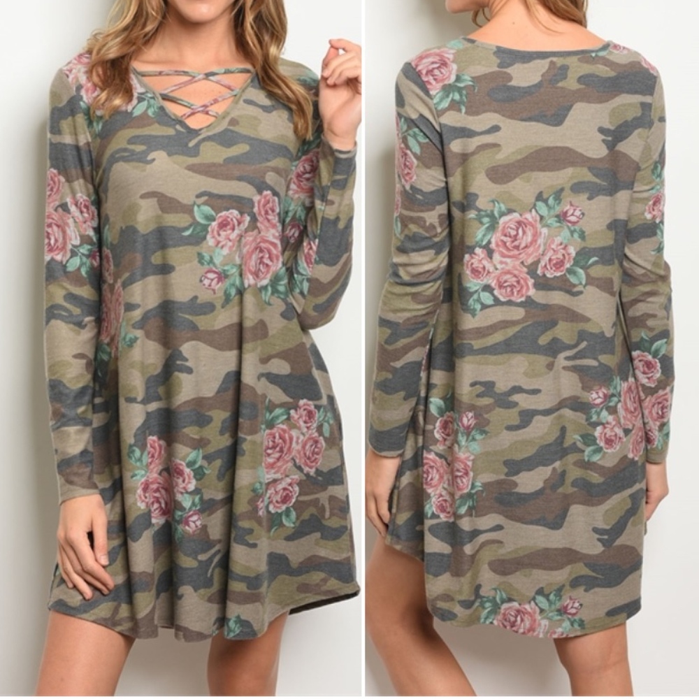 OLIVE FLORAL CAMO DRESS